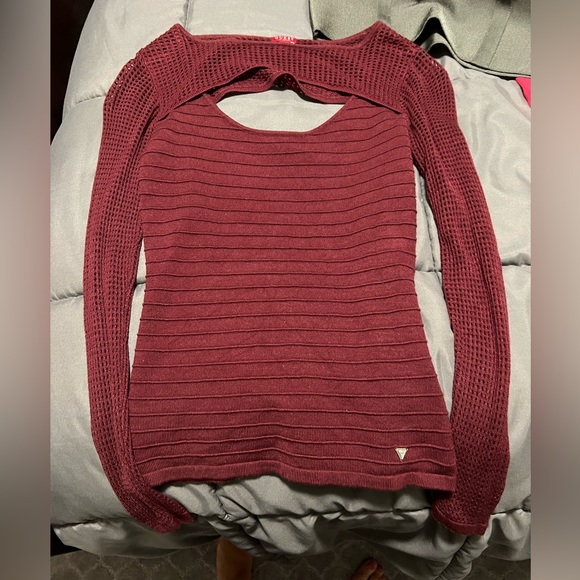 **NEW LISTING!!** burgundy Guess sweater with cut out and mesh like sleeves - Picture 2 of 3